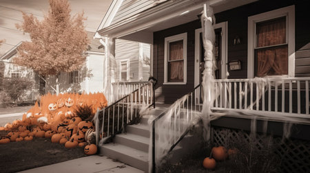 Day view of the house with an entrance staircase and a pumpkin decoration for Halloweenの素材