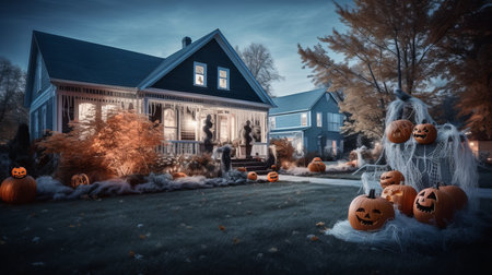 Twinlight view of a glowing house in autumn with halloween pumpkins on lawnの素材