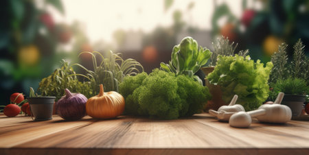 Fresh organic vegetables lie on wood table in the gardenの素材