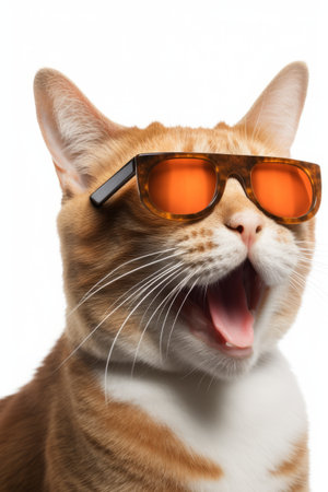 Portrait of happy ginger cat with opening mouth, in orange large sunglasses, on white backgroundの素材