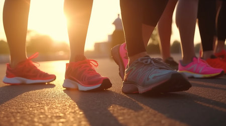 Close-up of feet of people in sneakers, standing on asphalt, in sunset lightの素材