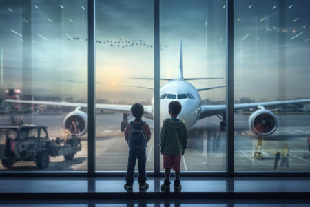 Two little boys watch through the airport window for standing planeの素材