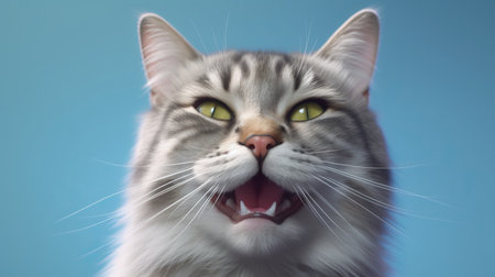 portrait of happy gray kitty with opened mouth on Isolated blue backgroundの素材