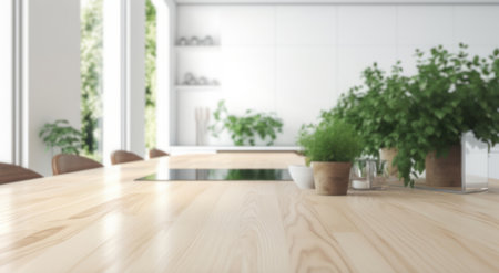 Blurred background with wooden table top and blur bokeh modern white kitchen interiorの素材
