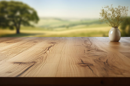 wooden table top with a small white vase, against the background of meadows, on a summer dayの素材
