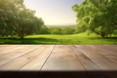 Empty wooden table top with a view of the green garden and fieldの素材