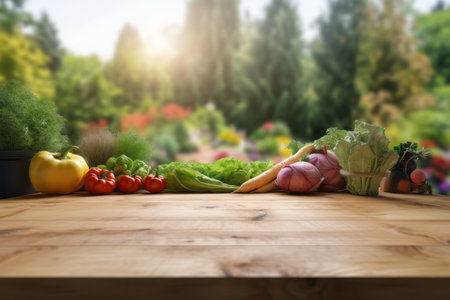 Beautiful fresh organic vegetables lie on wood table in the gardenの素材