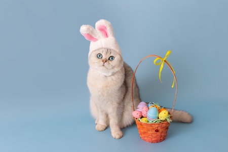 Adorable white cat in hat with bunny ears and Easter basket with colorful eggs on blue backgroundの写真素材