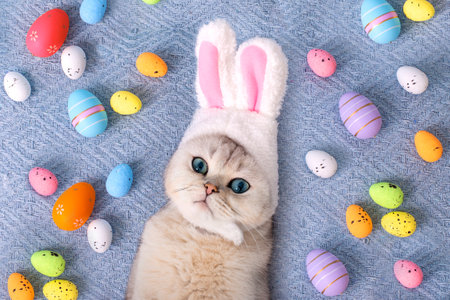 Adorable white cat in hat with bunny ears lie on bed with colorful eggs on blue backgroundの写真素材