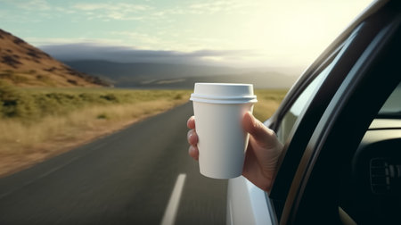 hand with a white paper coffee cup stretched out of the window of a car driving in nature.の素材