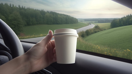 a hand with a white papper coffee cup at the window of a car driving in nature, among green hillsの素材