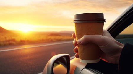 men hand with a paper coffee cup stretched out of the window of a car driving in nature, on sunsetの素材