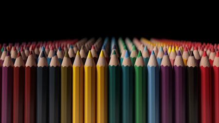 At the bottom, on a black background, there are rows of colored pencilsの素材