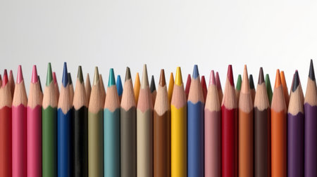 A row of sharp multi - colored pencils lying flat on the bottom on a white backgroundの素材