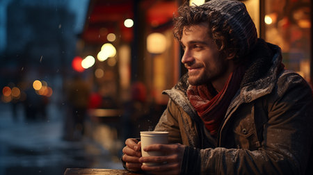 A happy cute guy hold a paper cup, in the street, on a winter eveningの素材