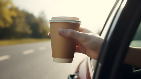 men hand with a brown paper coffee cup stretched out of the window of a car driving in natureの素材
