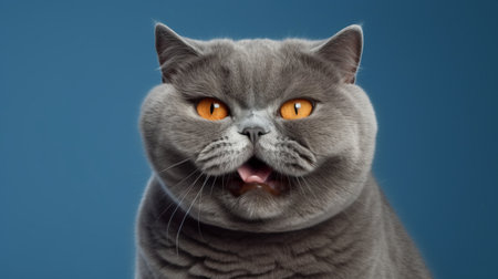 Funny portrait of happy smiling gray cat with opened mouth on Isolated blue backgroundの素材