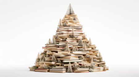 An unusual, creative Christmas tree made of books isolated on white backgroundの素材
