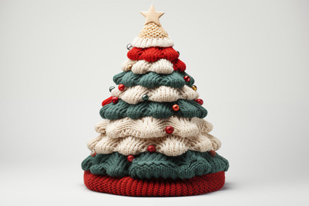 Cute knitted multicolor Christmas tree stand on a white backgroundの素材