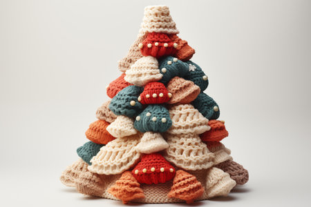 Creative cute knitted multicolor Christmas tree stand on a white backgroundの素材