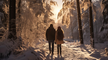 Back view of young couple walking in beautiful winter landscapeの素材