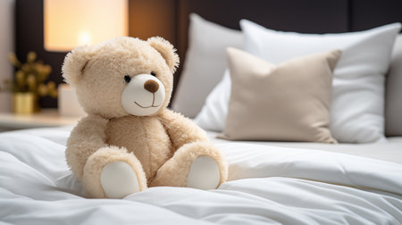 Adorable beige teddy bear, sitting in white bedの素材