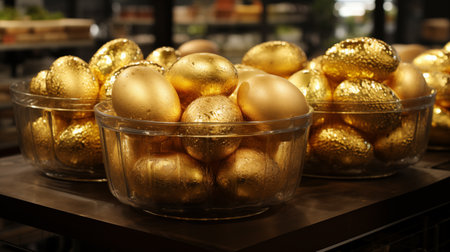 Close-up of beautiful luxurious glossy eggs made of golden metal lying in round transparent boxesの素材