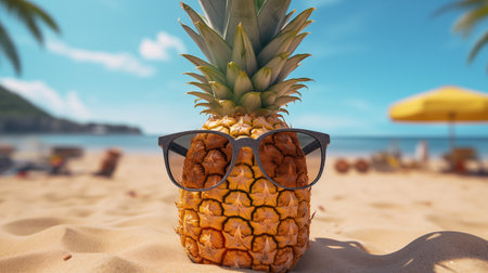 Cute Pineapple With Sunglasses stand In The Beachの素材