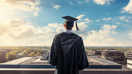 A rear view of a graduate standing outdoors against a background of blue skyの素材