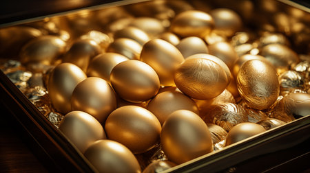 Close up of luxary golden metal eggs lie on boxの素材