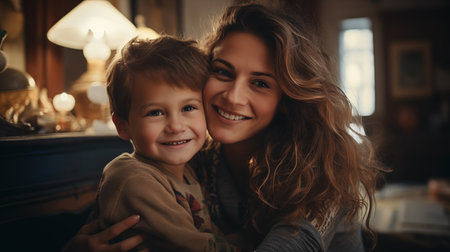 A mother with a radiant smile warmly hugs her sonの素材