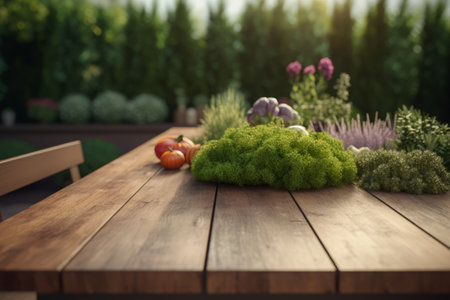 fresh organic herbs and vegetables on a wooden table in the gardenの素材