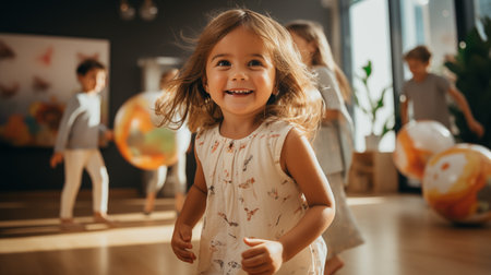 A little girl with a beaming smile playing with balloons among friends in a sunlit roomの素材