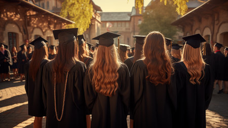 Rear view of a group of graduate girls standing outdoorsの素材
