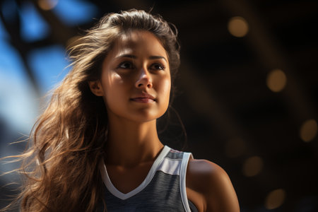 Close-up of a serene young woman with flowing hair basking in the golden sunlight, embodying tranquility and wellnessの素材