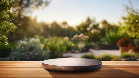 Empty dark wooden plate on a table overlooking a sunlit garden, ideal for outdoor dining concepts.の素材