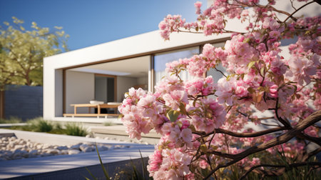 Contemporary house framed by vibrant pink cherry blossoms in full bloom, under a clear blue skyの素材