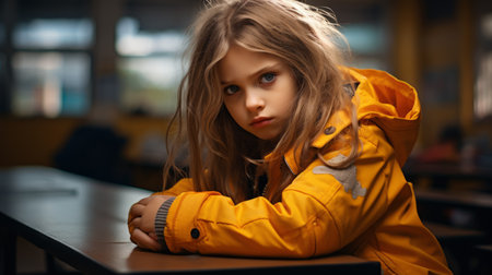 A girl with long wavy hair looks thoughtfully, sitting in a classroomの素材