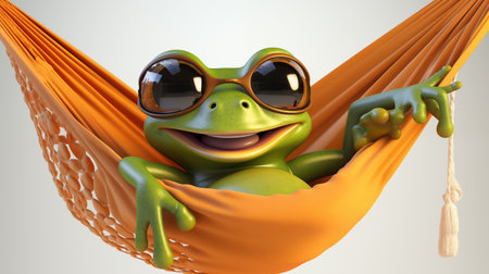 Happy frog wearing sunglasses, casually lounging on an orange hammockの素材