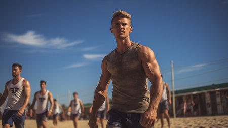 male player action on a sunny beachの素材