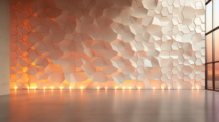 Warmly lit interior with abstract geometric wall pattern and wooden floorの素材