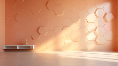 Warmly lit interior with abstract geometric wall of light-peach-colorの素材
