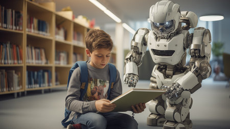 A robot and a young boy with a backpack reading a book together in the libraryの素材