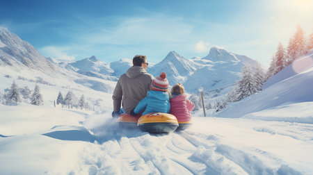 Father with kids tubing down a snowy hill with mountain backdrop,rear viewの素材