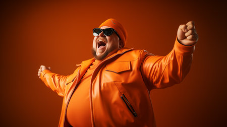 A plump, bearded man in an orange jacket and hat, wearing sunglasses, on an orange background.の素材