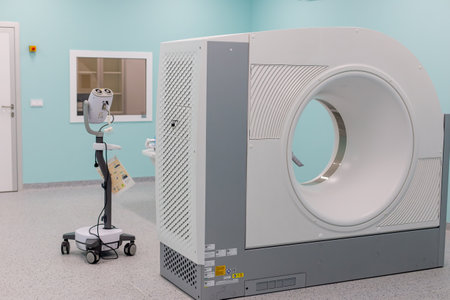 Moscow, Moscow region, Russia - 03.09.2023:A high-tech CT scanner in a clean, empty hospital radiology roomのeditorial素材
