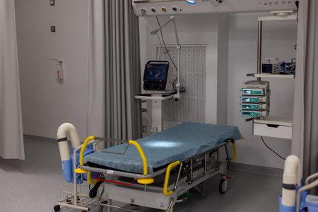 Moscow, Moscow region, Russia - 03.09.2023:Medical patient bed and advanced equipment in a...