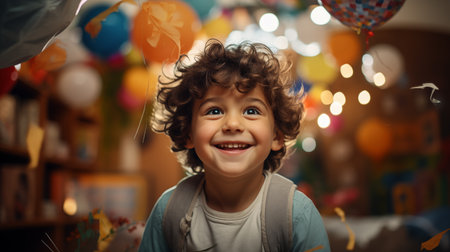 Curly-haired boy smiling with balloons and lights in background, party vibeの素材