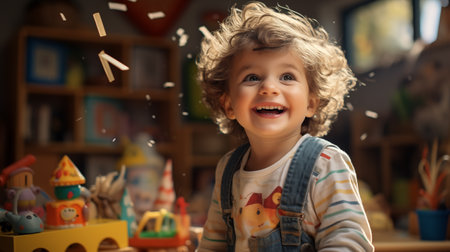 Happy boy playing with colorful blocks in a vibrant kindergarten settingの素材