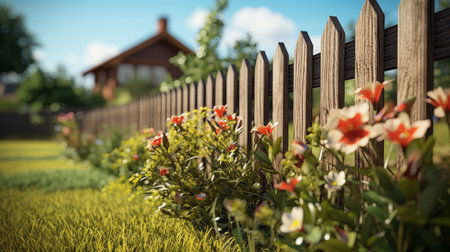 flowers blooming along a wooden picket fence in a suburban setting with a house in the backgroundの素材